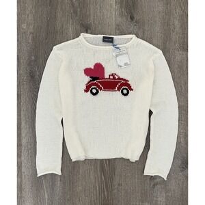 Wooden Ships Paola Buendia Red Car Heart Sweater White Knit Pullover Long Sleeve